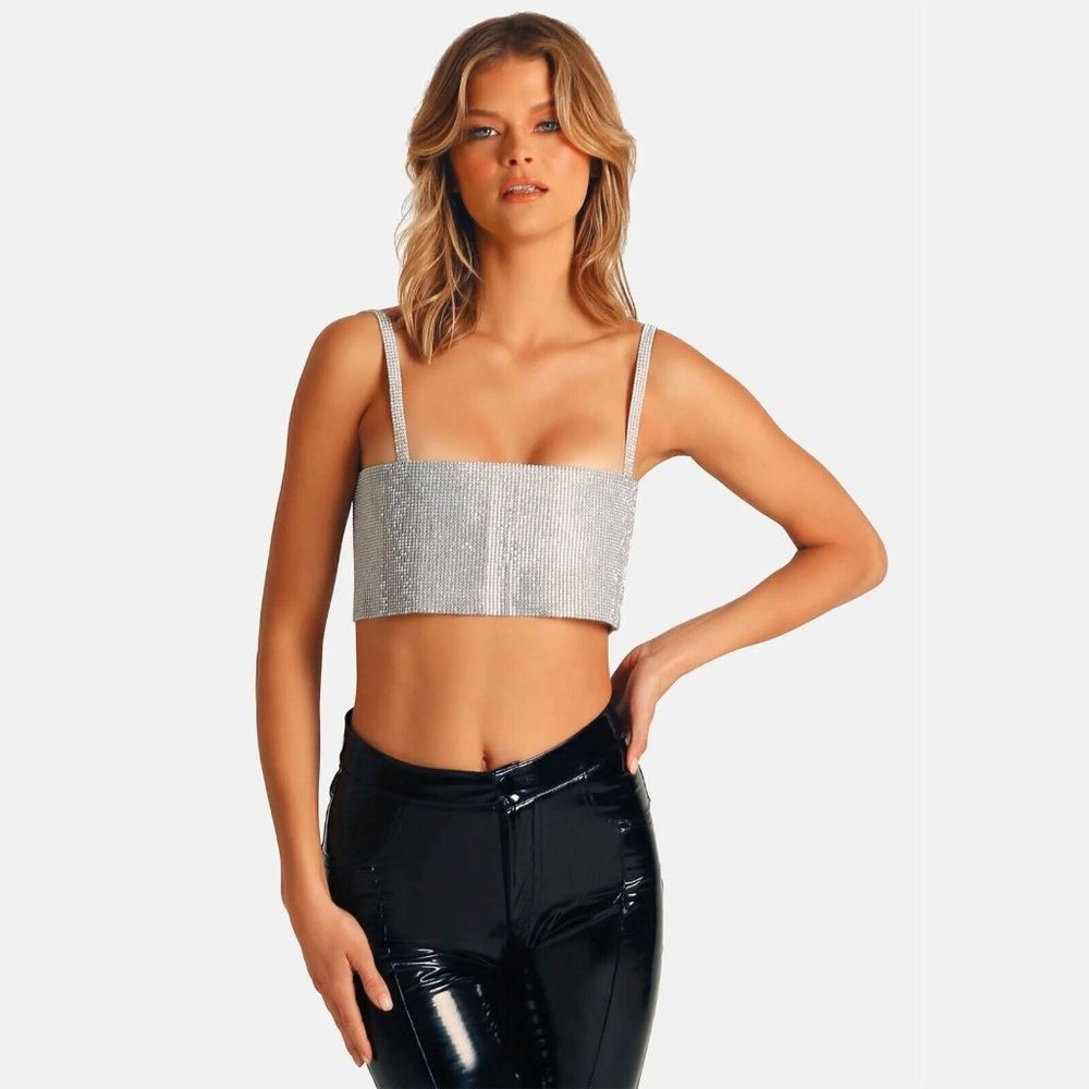 OW Collection Gloria Top Silver Fox Crop Rhinestones
